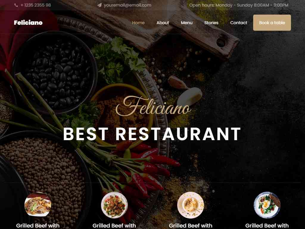 Бесплатный адаптивный шаблон для сайта ресторана, имеет стильный и продуманный дизайн с чистым и минималистичным внешним видом, выглядит безупречно на любом устройстве.